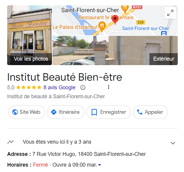 extrait de la fiche Google Business créé pour le référencement de ma cliente Beauté Bien-Être