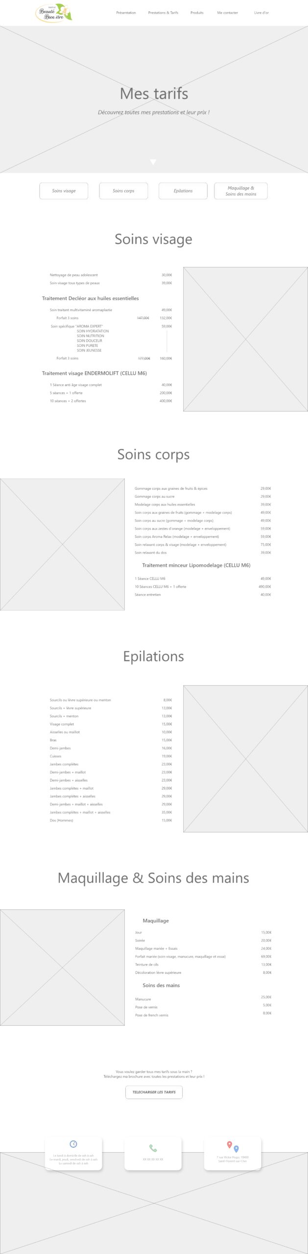 Wireframe de la page Tarifs du site réalisé pour Beauté Bien-être