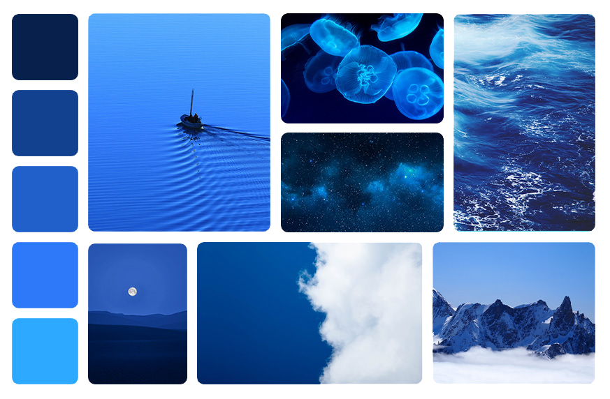 moodboard de la couleur bleue avec des photographies de paysages marin, montagnes, ciel etc