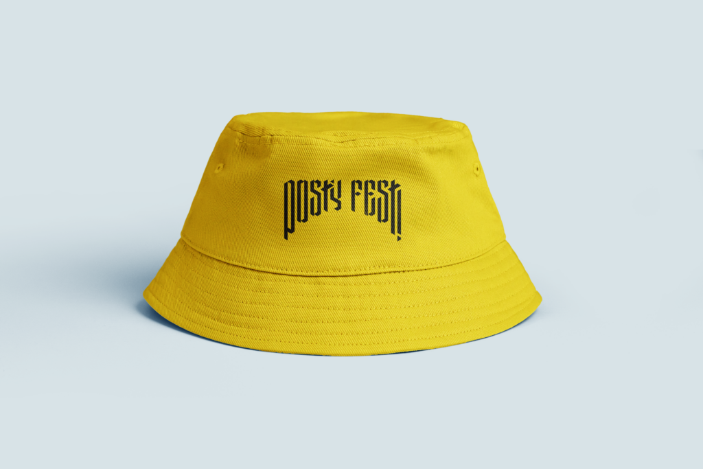 chapeau bob jaune avec le logo du festival noir à l'avant