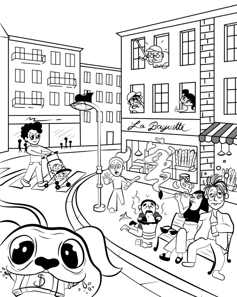 illustration d'une scène chaotique en pleine rue dans un style cartoonesque