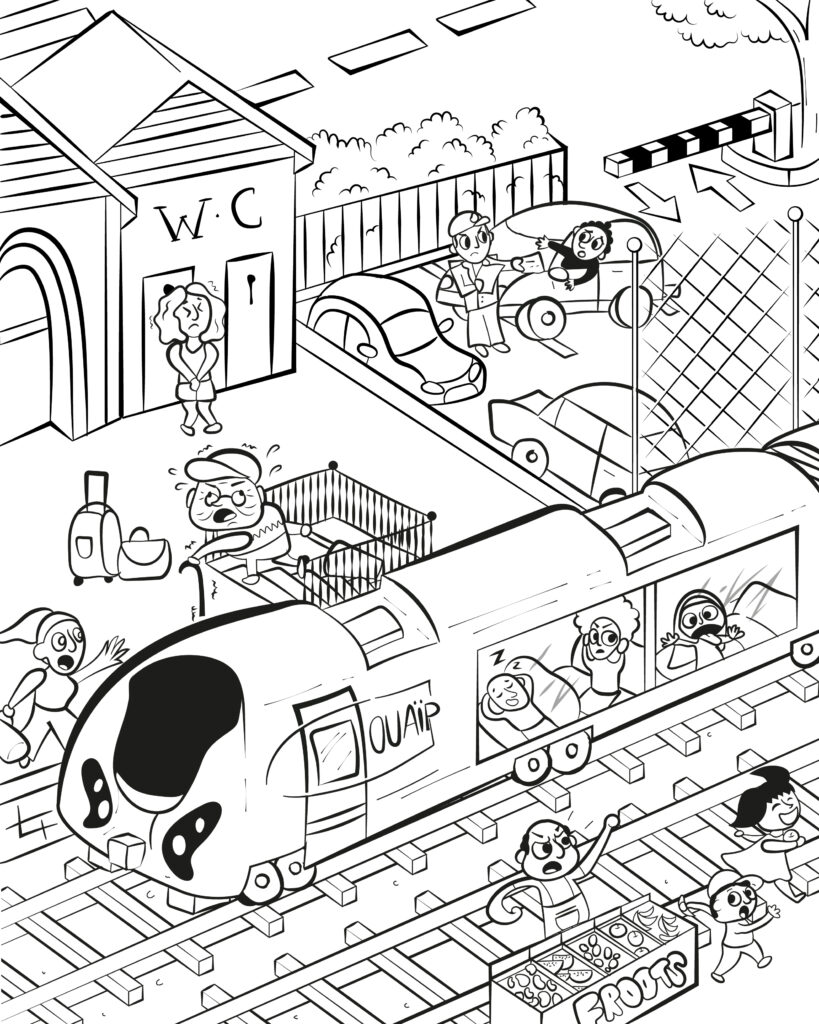 illustration d'une scène chaotique dans une gare dans un style cartoonesque