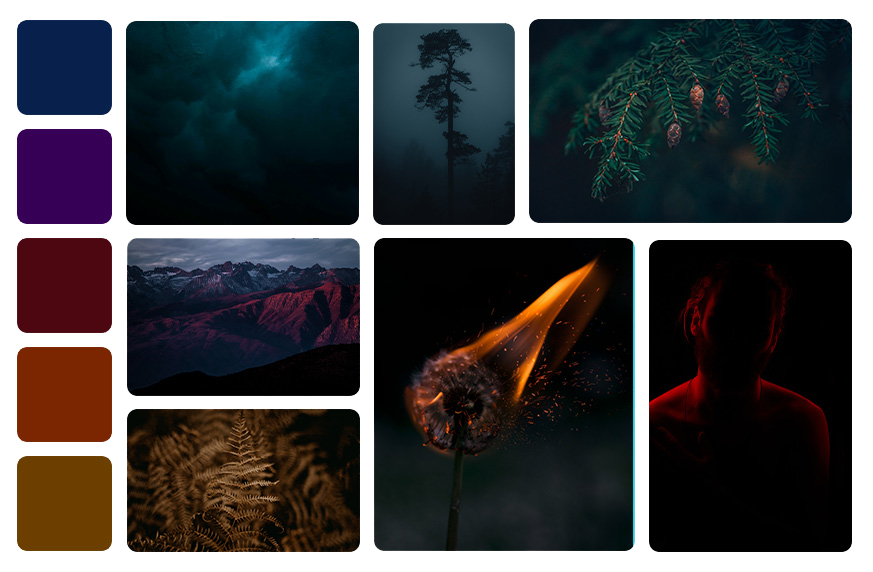 moodboard de couleurs sombres avec des photos de paysages montagniers de nuit, de brouillard nocturne, de végétation au petit matin, et portrait dont on devine la silhouette d'un homme dans la pénombre