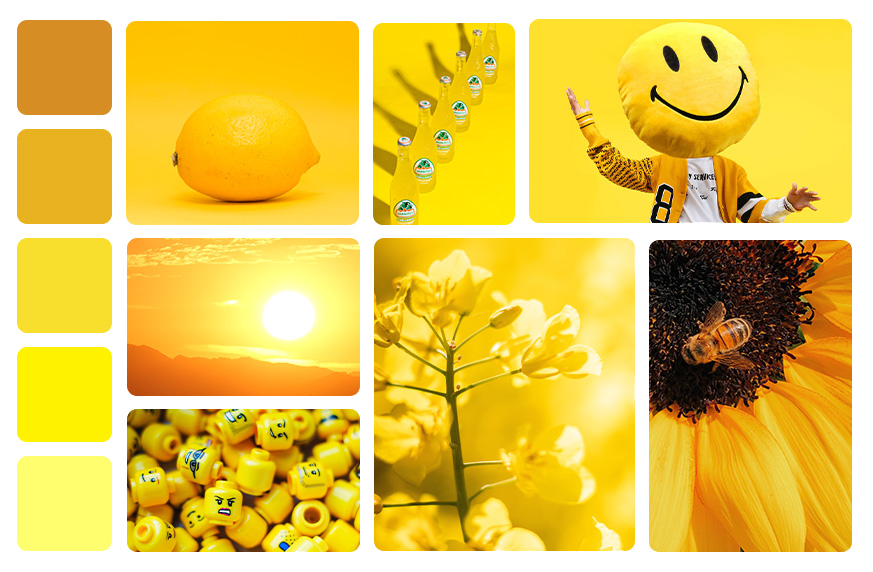 moodboard de la couleur jaune avec des smiley, des sodas, du citron, des fleurs, du soleil et des têtes de figurine LEGO