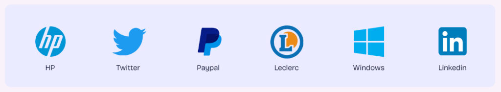 logos bleus associés à la confiance et au professionnalisme : HP, twitter, paypal, leclerc, windows et linkedin