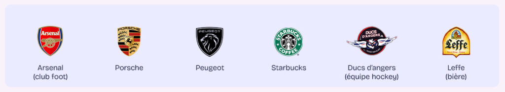 logos emblèmes des clubs arsenal et ducs d'angers, des marques porsche, peugeot, starbucks et leffe