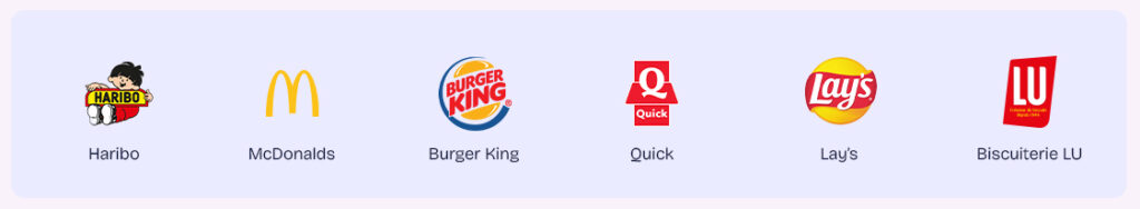 logos rouges et jaunes associés à la gourmandise et la tentation : haribo, mcdo, burger king, quick, lay's et Lu