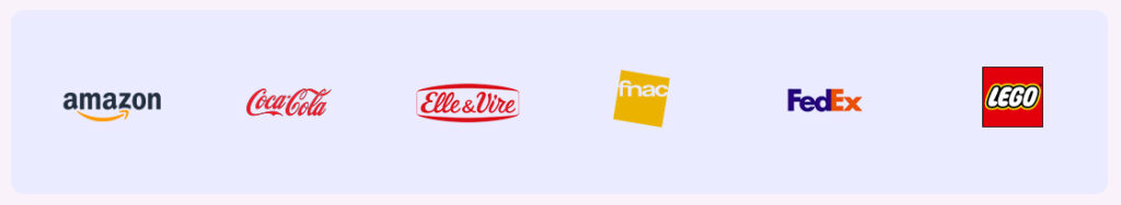 logotypes des marques amazon, coca-cola, elle&vire, fnac, fedex et lego