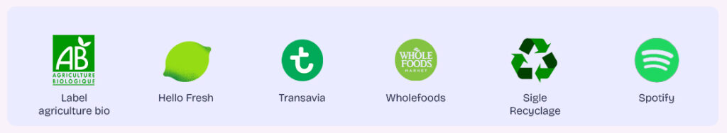 logos de couleur verte synonyme d'écologie mais aussi de progrès et de positivité : label bio, hello fresh, transavia, wholefoods, recyclage et spotify  