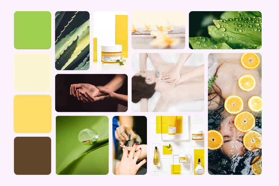 moodboard pour l'identité visuelle de l'institut avec une palette de 4 couleurs (beige, jaune, marron et vert) et des photos de plantes, d'eau, d'agrumes, de soins et de massages