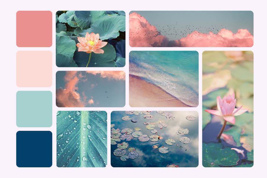 Moodboard pour la création de l'identité visuelle d'Isabelle Ory : une palette de couleurs rose, bleue et verte, avec des photos de paysages paisibles (lacs, ciels) et close up de fleurs de lotus 