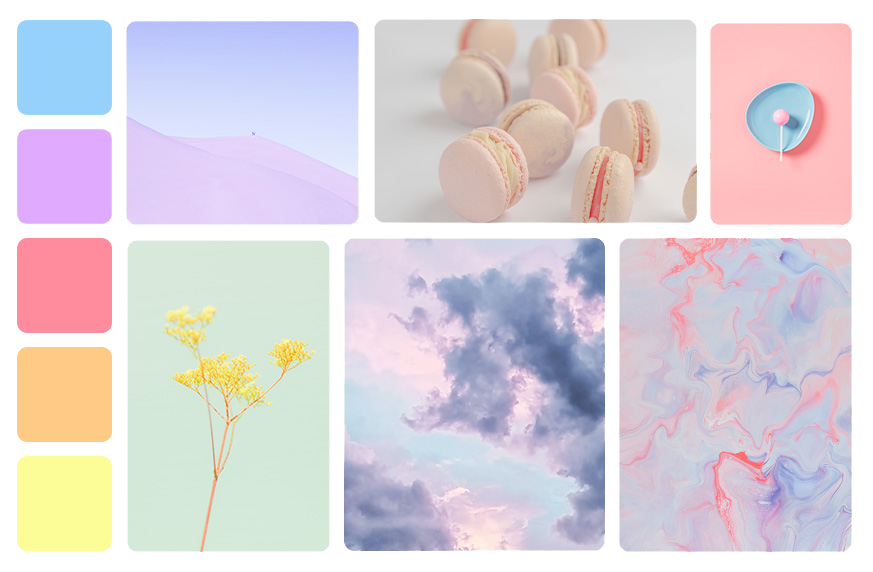 moodboards de couleurs pastels avec des photos de fleurs, macarons, sucreries et paysages abstraits