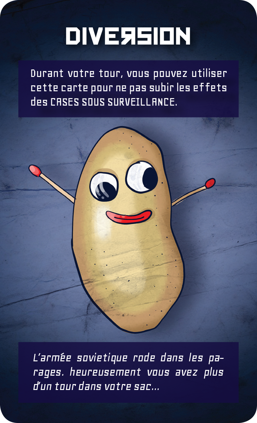 carte action du jeu avec une illustration de pomme de terre avec des bras (en référence à la patate de Bref) pour faire diversion