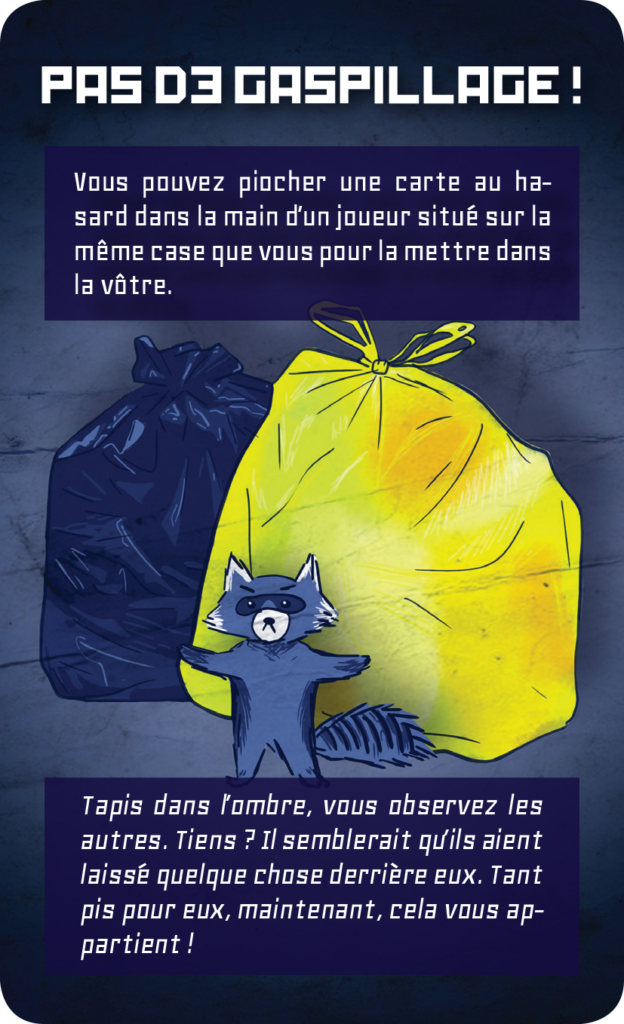 carte événement avec l'illustration d'un raton laveur qui se tient devant 2 grands sacs poubelles avec l'inscription "Pas de gaspillage"