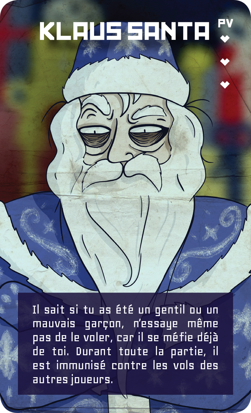 carte personnage du jeu avec l'illustration du personnage Klaus Santa (inspirée du père Noël, Santa Claus)