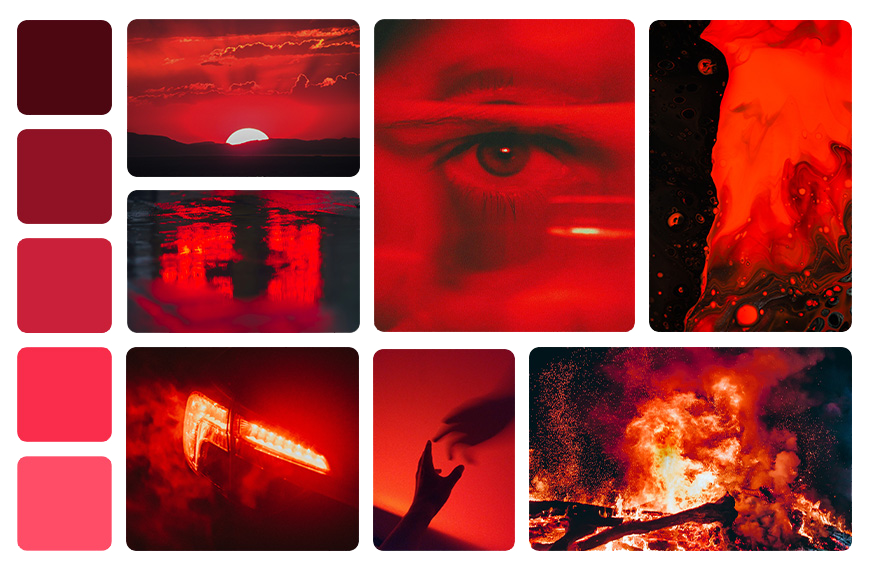 moodboard de la couleur rouge avec du feu, de l'encre, des lumières etc