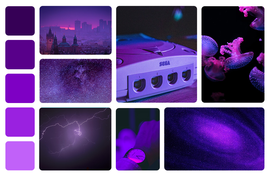 moodboard de la couleur violette avec des photos de ciels nocturnes, fonds marins, couchers de soleil et nostalgie