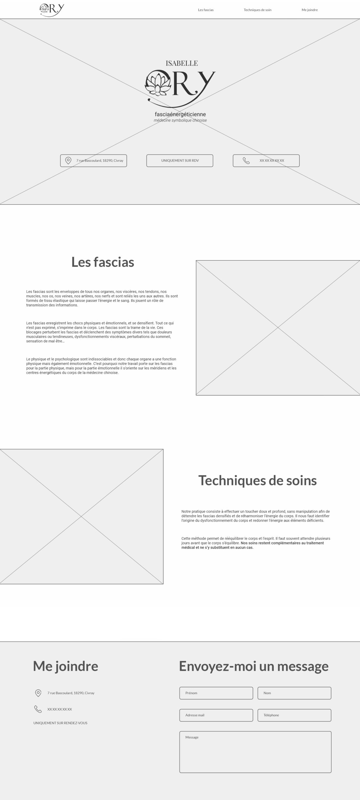 Wireframe de la page d'accueil du site réalisé pour Isabelle Ory