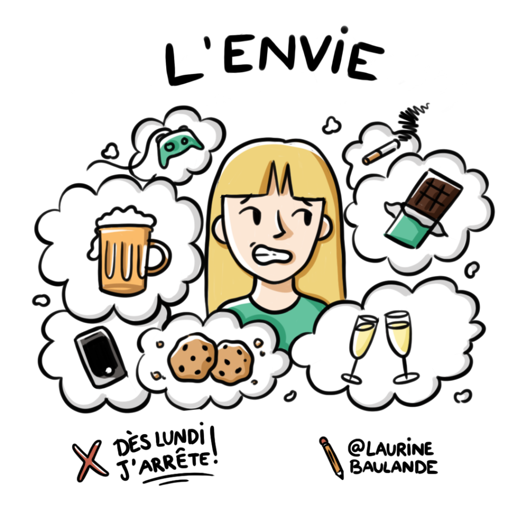 Illustration réalisée pour Dès Lundi J'arrête. Un personnage est entouré de bulles représentant chacune de ses envies. Il est en difficulté, et peine à résister à toutes ces tentations.