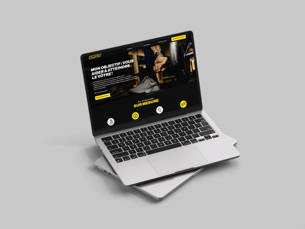 Mockup représentant le site vitrine réalisé pour SimFit. On y voit le haut de la page d'accueil.