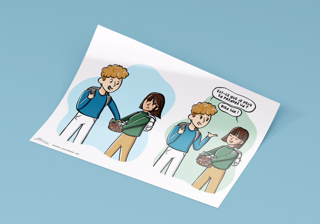 Illustration de 2 situations. La première, un enfant pique des bonbons à une enfant qui a l'air mécontente. La deuxième, l'enfant lui demande si elle veut bien lui partager : elle accepte et lui donne des bonbons avec plaisir !