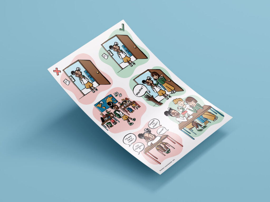 Illustration de 2 scénettes. La première : une enfant entre dans une classe, elle est atteinte de vitiligo. Les autres enfants chuchotent, se moquent d'elles et lui posent des questions irrespectueuses : la petite se retrouve seule et triste. La deuxième situation : l'enfant entre dans la salle, est accueillie gentiment par les autres élèves et est assise à une table avec deux autres élèves qui discutent avec elle.