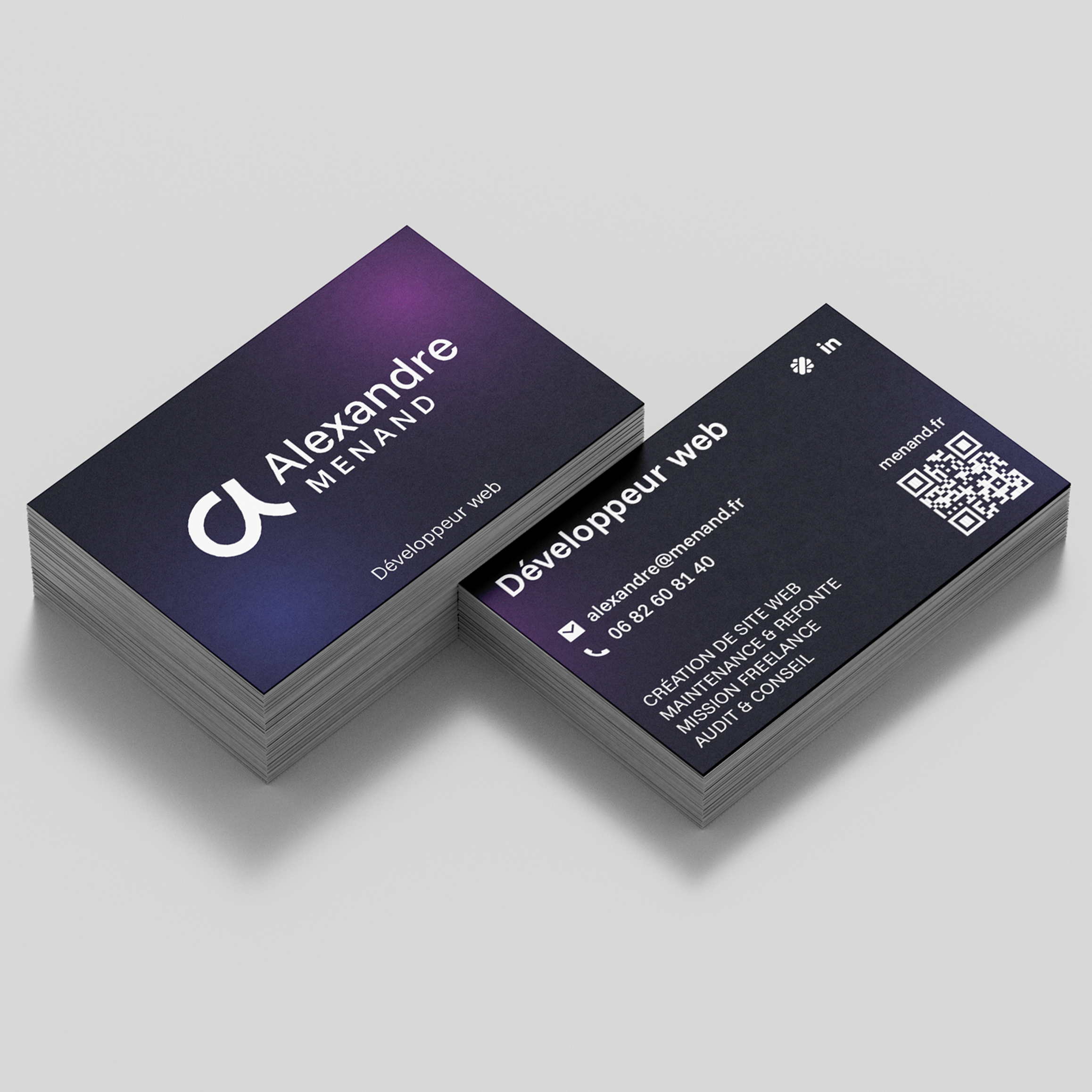 Carte de visite pour le développeur web Alexandre Menand